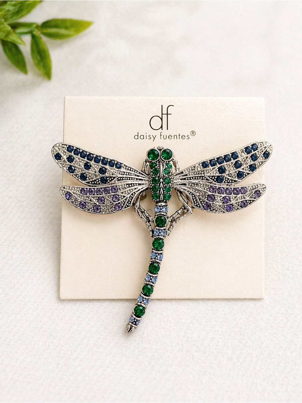 Silver  Embellished  Green and Blue-Purple Crystal Dragonfly